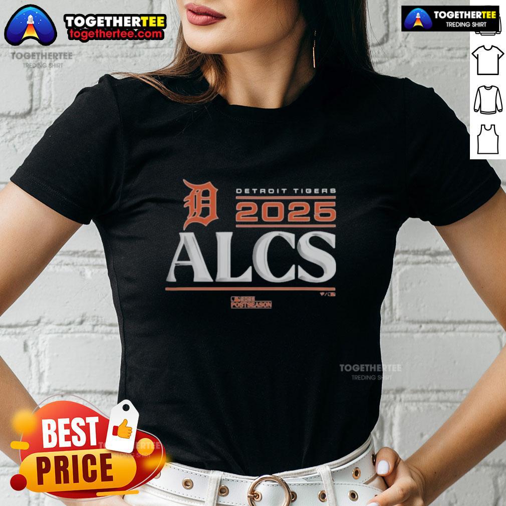 Awesome Detroit Tigers 2025 Division Series Winner Locker Room Ladies Tee Alt Text: Ladies tee celebrating the Detroit Tigers 2025 Division Series win, featuring team colors and logo in a locker room setting.