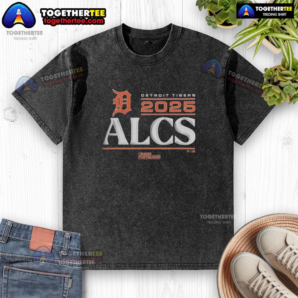 Awesome Detroit Tigers 2025 Division Series Winner Locker Room Washed T Shirt Alt Text: Awesome Detroit Tigers 2025 Division Series Winner locker room washed T-shirt displayed on a wooden bench.