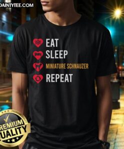 Awesome Eat Sleep Miniature Schnauzer Repeat T-Shirt design featuring a playful schnauzer graphic and bold text.