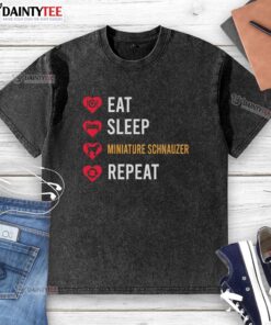 Alt Text: Awesome Eat Sleep Miniature Schnauzer Repeat T-Shirt design featuring a cute schnauzer graphic and vibrant colors.