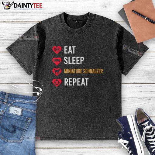 Alt Text: Awesome Eat Sleep Miniature Schnauzer Repeat T-Shirt design featuring a cute schnauzer graphic and vibrant colors.