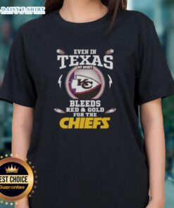 Ladies tee featuring 'My Spirit Bleeds Red And Gold' for Kansas City Chiefs, perfect for Texas fans.