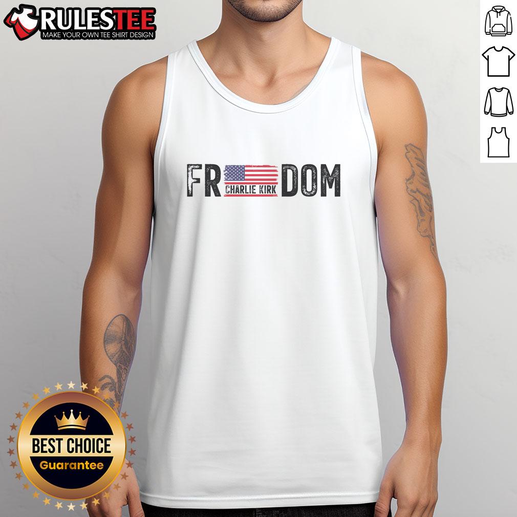 Awesome Freedom Charlie Kirk Usa Flag Tank Top Charlie Kirk wearing an Awesome Freedom USA Flag Tank Top, showcasing patriotism and style.