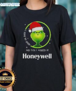 Funny Grinch Christmas tee for women: 'I Used To Smile And Then I Worked At Honeywell' design in festive colors.