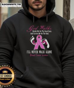Alt Text: Inspirational hoodie for breast cancer warriors featuring 'Awesome God Walks Beside Me' quote, perfect for encouragement.