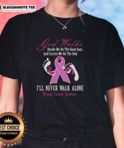 Breast cancer warrior ladies tee featuring 'Awesome God walks beside me' design, perfect for showing strength and faith.