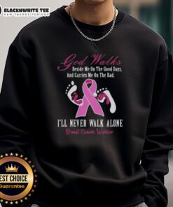 Breast cancer warrior sweatshirt featuring 'Awesome God Walks Beside Me' design, perfect for inspiration and support.