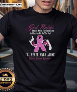 Breast Cancer Warrior T-Shirt featuring 'Awesome God Walks Beside Me' design, symbolizing strength and support.