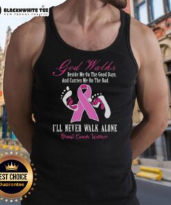 Breast Cancer Warrior tank top featuring 'Awesome God Walks Beside Me' design, symbolizing strength and faith.