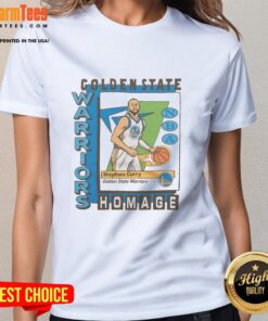 Awesome Golden State Warriors trading card featuring Stephen Curry on a stylish ladies tee, perfect for fans.