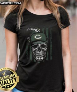Alt Text: Awesome Green Bay Packers NFL skull tee with American flag design for football lovers, perfect for ladies.