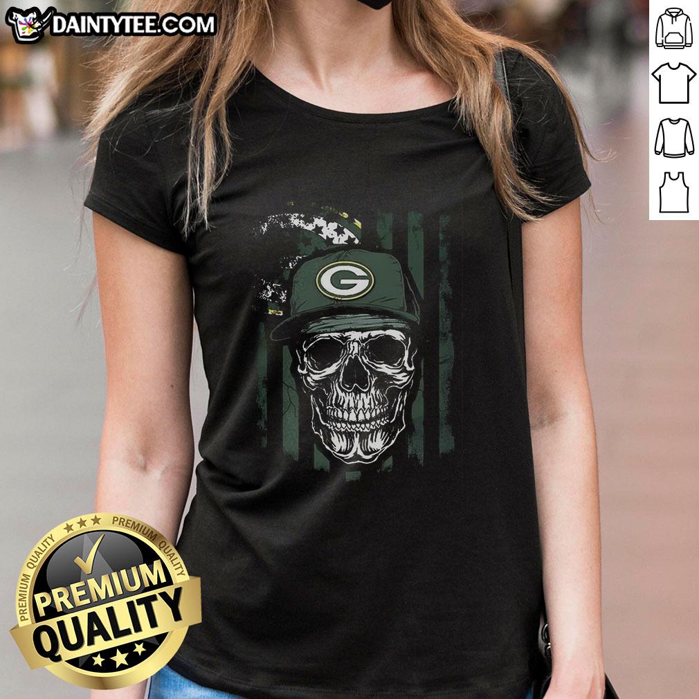 awesome-green-baypackers-nfl-skull-american-flag-football-lover-ladies-tee Alt Text: Awesome Green Bay Packers NFL skull tee with American flag design for football lovers, perfect for ladies.