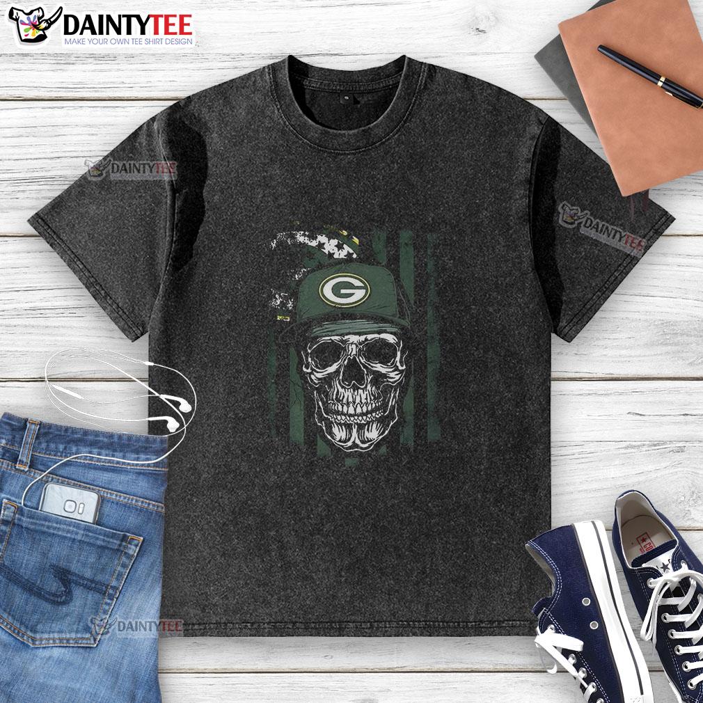 awesome-green-baypackers-nfl-skull-american-flag-football-lover-washed-t-shirt Awesome Green Bay Packers NFL skull graphic on American flag washed t-shirt for football lovers.