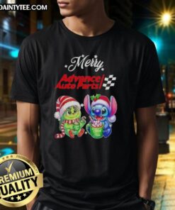 Alt Text: Awesome Grinch and Stitch Christmas T-Shirt from Advance Auto Parts, featuring festive designs for the holiday season.