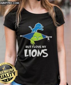 Awesome Grinch graphic on a ladies tee, showcasing love for Detroit Lions football in a festive design.