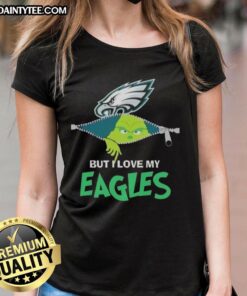 Awesome Grinch tee for ladies showing love for Philadelphia Eagles football, perfect for festive game day spirit.