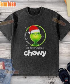 Alt Text: Awesome Grinch Christmas T-shirt with 'I Used To Smile Then I Worked At Chewy' quote in festive design.