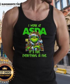 Awesome Grinch Christmas Tree tank top from Asda, featuring a fun design that says 'I Work At It's Fine, Everything Is Fine.'