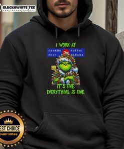 Awesome Grinch Christmas Tree hoodie from Canada Post, featuring 'I work at it's fine, everything is fine' design.