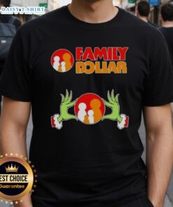 Alt Text: Awesome Grinch hands holding a heart on a Family Dollar Christmas T-shirt, perfect for festive family gatherings.