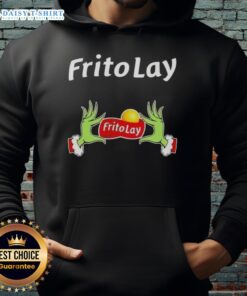 Awesome Grinch hands holding Frito Lay snacks in a festive Christmas hoodie, perfect for holiday celebrations.