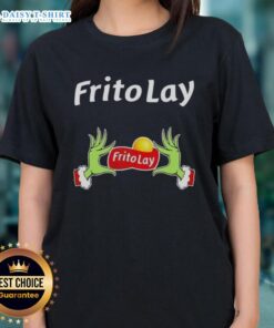 Awesome Grinch hands holding Frito Lay snacks on a Christmas ladies tee, perfect for festive holiday celebrations.