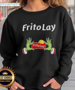 Awesome Grinch hands holding Frito Lay snacks on a cozy Christmas sweatshirt, perfect for holiday festivities.