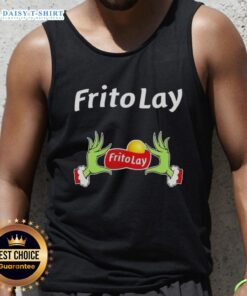 Awesome Grinch hands holding Frito Lay snacks on a festive Christmas tank top, perfect for holiday celebrations.