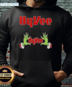 Awesome Grinch hands on a festive Hy-Vee Christmas hoodie, perfect for holiday cheer and seasonal celebrations.