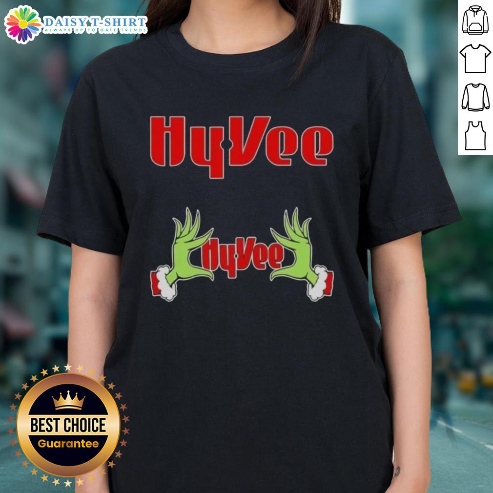 Awesome Grinch Hands Love Hyvee Christmas Ladies Tee Awesome Grinch hands with hearts on a Hy-Vee Christmas ladies tee, perfect for holiday festivities and celebrations.