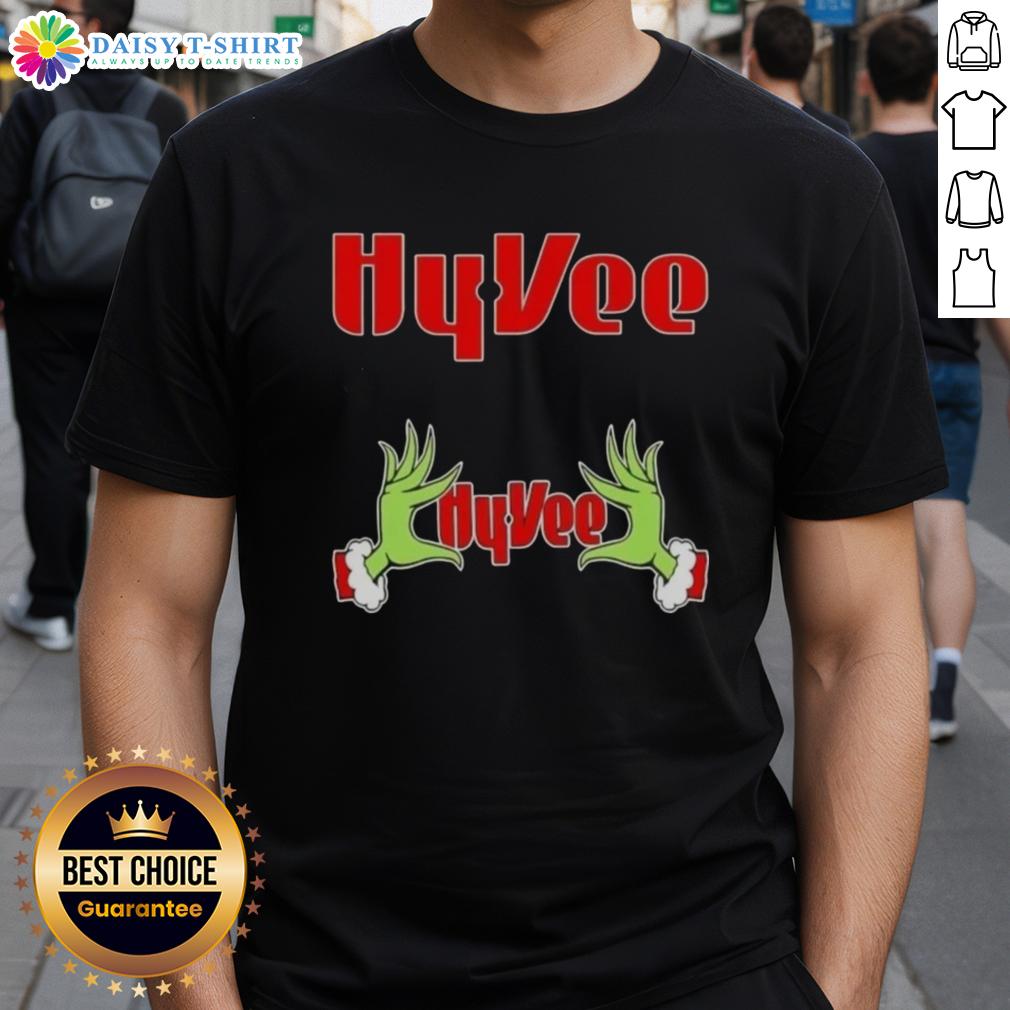 Awesome Grinch Hands Love Hyvee Christmas T Shirt Alt Text: Awesome Grinch hands holding a heart on a Hyvee Christmas T-Shirt, perfect for festive holiday celebrations.