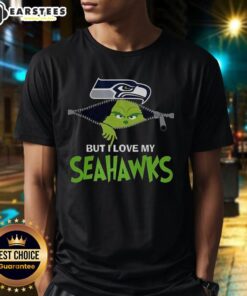 Alt Text: Awesome Grinch Zipper I Hate People But I Love My Seattle Seahawks Football Christmas T-Shirt design for fans.
