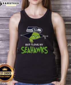 Alt Text: Awesome Grinch zipper tank top expressing 'I hate people but I love my Seattle Seahawks' - perfect for Christmas fans.