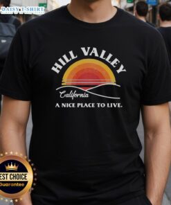 Awesome Hill Valley Sunset T-Shirt featuring a vibrant sunset design and iconic Hill Valley skyline illustration.