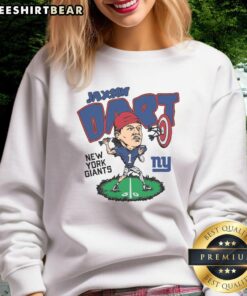 Alt Text: Awesome homage Jaxson Dart Ash New York Giants caricature sweatshirt featuring vibrant graphics and a cozy design.