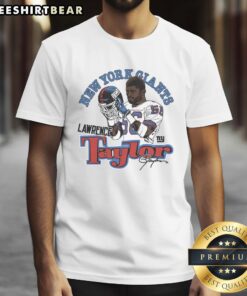 Awesome homage to Lawrence Taylor on a classic New York Giants T-shirt featuring a vibrant caricature design.