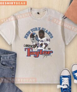 Alt Text: Awesome homage to Lawrence Taylor, iconic New York Giants player, on a classic caricature washed t-shirt design.