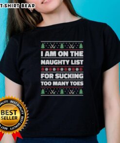 Funny 'Awesome I Am On The Naughty List For Sucking Too Many Toes' Ugly Christmas Ladies Tee design in festive colors.