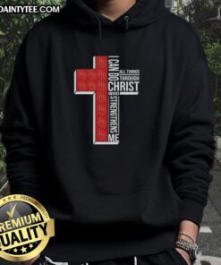 Alt Text: Oklahoma Sooners football cross hoodie with 'I Can Do All Things Through Christ Who Strengthens Me' design.