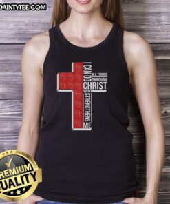 Alt Text: Oklahoma Sooners football cross tank top featuring 'I Can Do All Things Through Christ Who Strengthens Me' design.