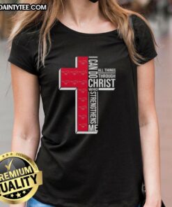 Alt Text: SMU Mustangs football ladies tee featuring 'I Can Do All Things Through Christ' motivational design.