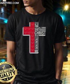Alt Text: Awesome SMU Mustangs football cross t-shirt featuring 'I Can Do All Things Through Christ Who Strengthens Me' design.