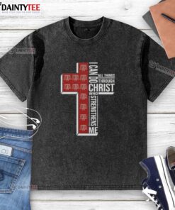 Texas A&M Aggies football cross washed t-shirt featuring 'I can do all things through Christ who strengthens me' design.