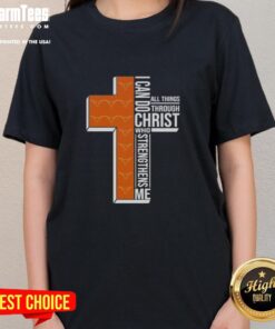 Alt Text: Texas Longhorns football ladies tee featuring 'I Can Do All Things Through Christ Who Strengthens Me' design.