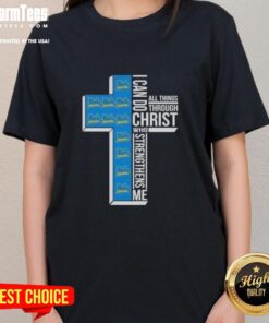 UCLA Bruins football ladies' tee featuring 'I Can Do All Things Through Christ Who Strengthens Me' design.
