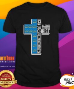 Alt Text: Awesome UCLA Bruins Football Cross T-Shirt featuring 'I Can Do All Things Through Christ Who Strengthens Me' design.