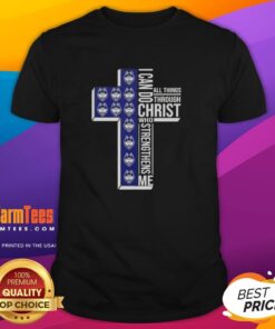 Alt Text: UConn Huskies football cross t-shirt featuring 'I Can Do All Things Through Christ Who Strengthens Me' design.