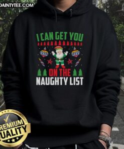 Awesome 'I Can Get You On The Naughty List' Hoodie in festive red, perfect for holiday fun and seasonal celebrations.