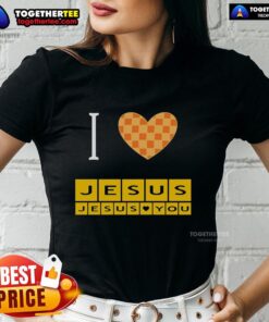 Awesome I Heart Jesus and Jesus Loves You ladies tee shirt design featuring bold graphics and vibrant colors.