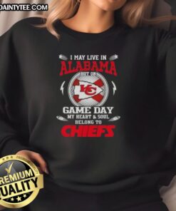 Alt Text: Cozy sweatshirt with My heart and soul belongs to Kansas City Chiefs design, perfect for game day fans in Arkansas.